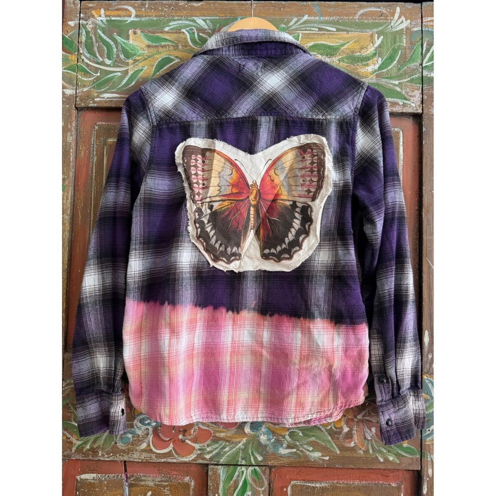 Upcycled/Reworked Flannel Shirt| Butterfly Vintage Patchwork| Cottage Core| XS